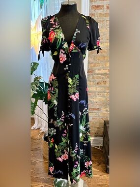 Express Black Floral and Butterfly Button-Front Maxi Dress